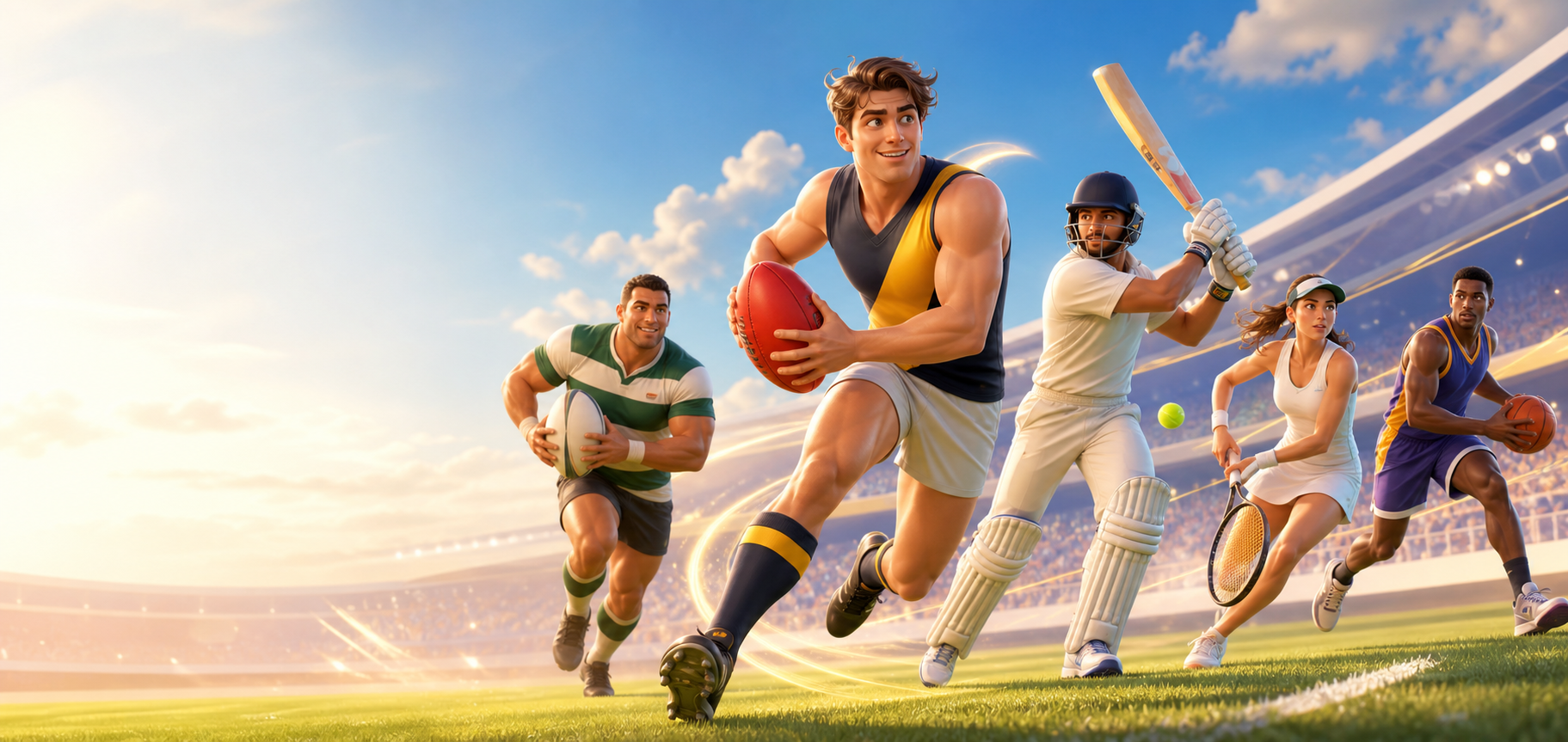 AFL, rugby, cricket, tennis and basketball athletes in a bright stadium